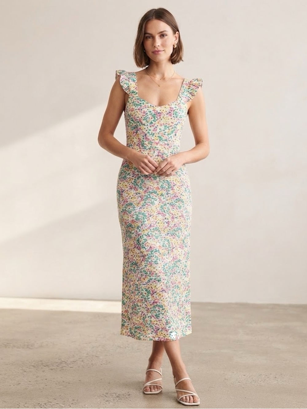 LOFT Floral Confetti Maxi Sundress Size 6 Ruffle Flutter Sleeve Summer Midi Slit